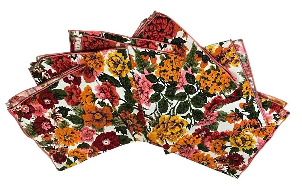 Vintage Floral Set of 6 Napkins MCM Retro 70s Mod Flower Power Pink Orange